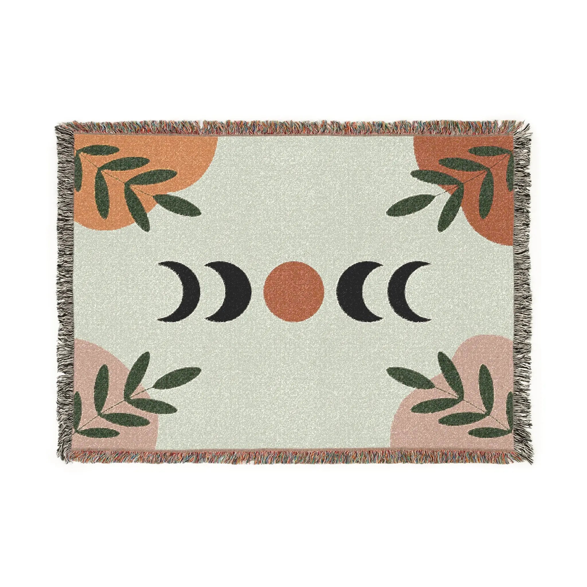 Celestial Harvest Moon Phase Throw Blanket | Boho Plant Motif Throw Printify