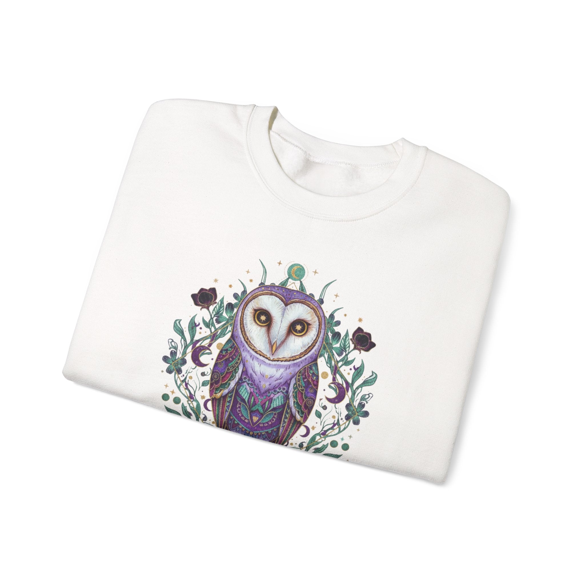 Mystic Barn Owl Crewneck Sweatshirt | Botanical Celestial Art Pullover Printify