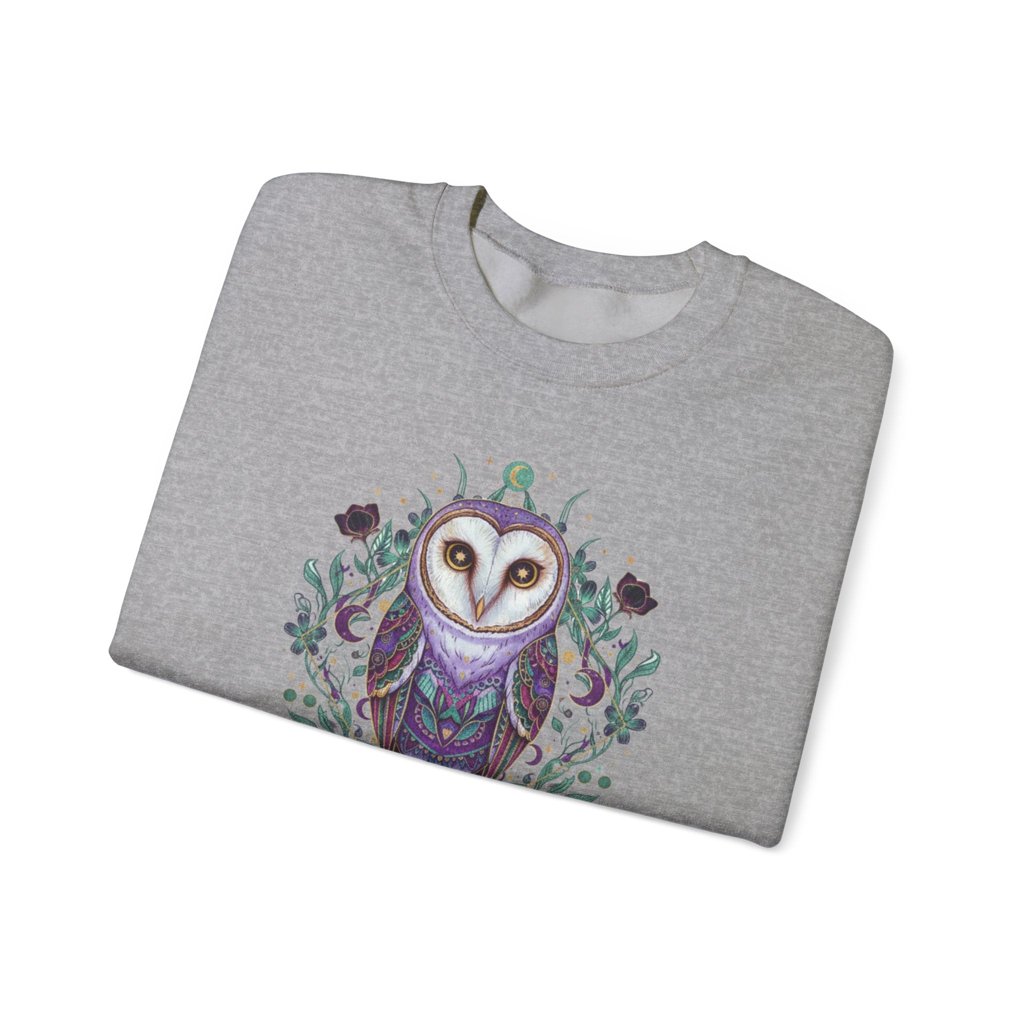 Mystic Barn Owl Crewneck Sweatshirt | Botanical Celestial Art Pullover Printify