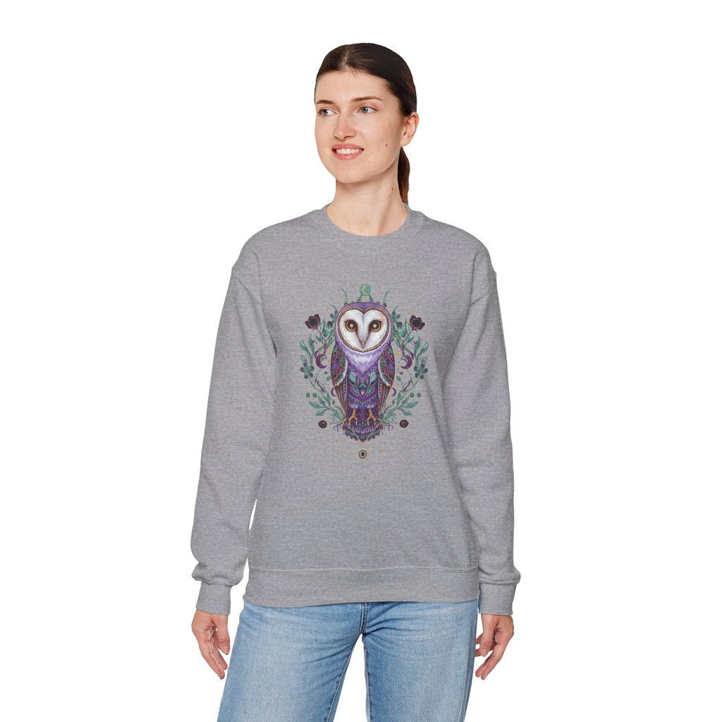Mystic Barn Owl Crewneck Sweatshirt | Botanical Celestial Art Pullover Printify