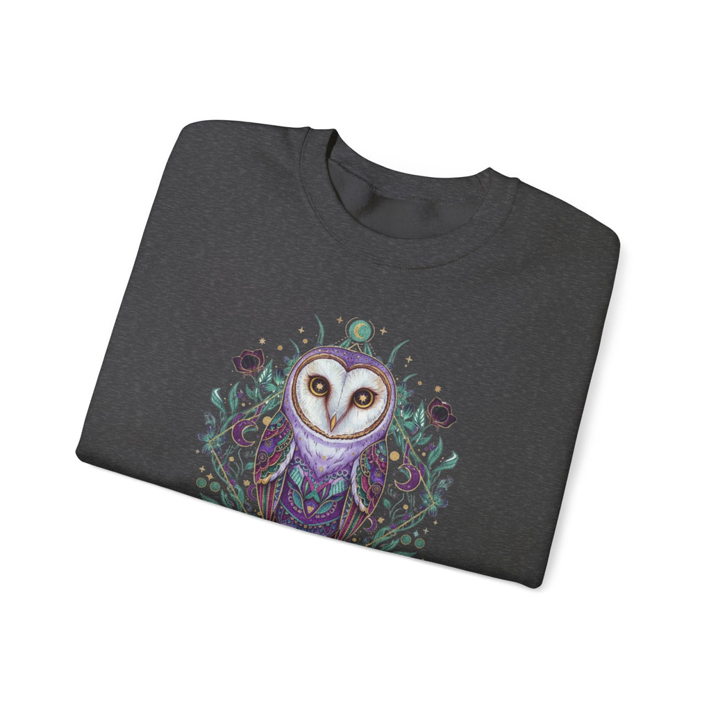 Mystic Barn Owl Crewneck Sweatshirt | Botanical Celestial Art Pullover Printify