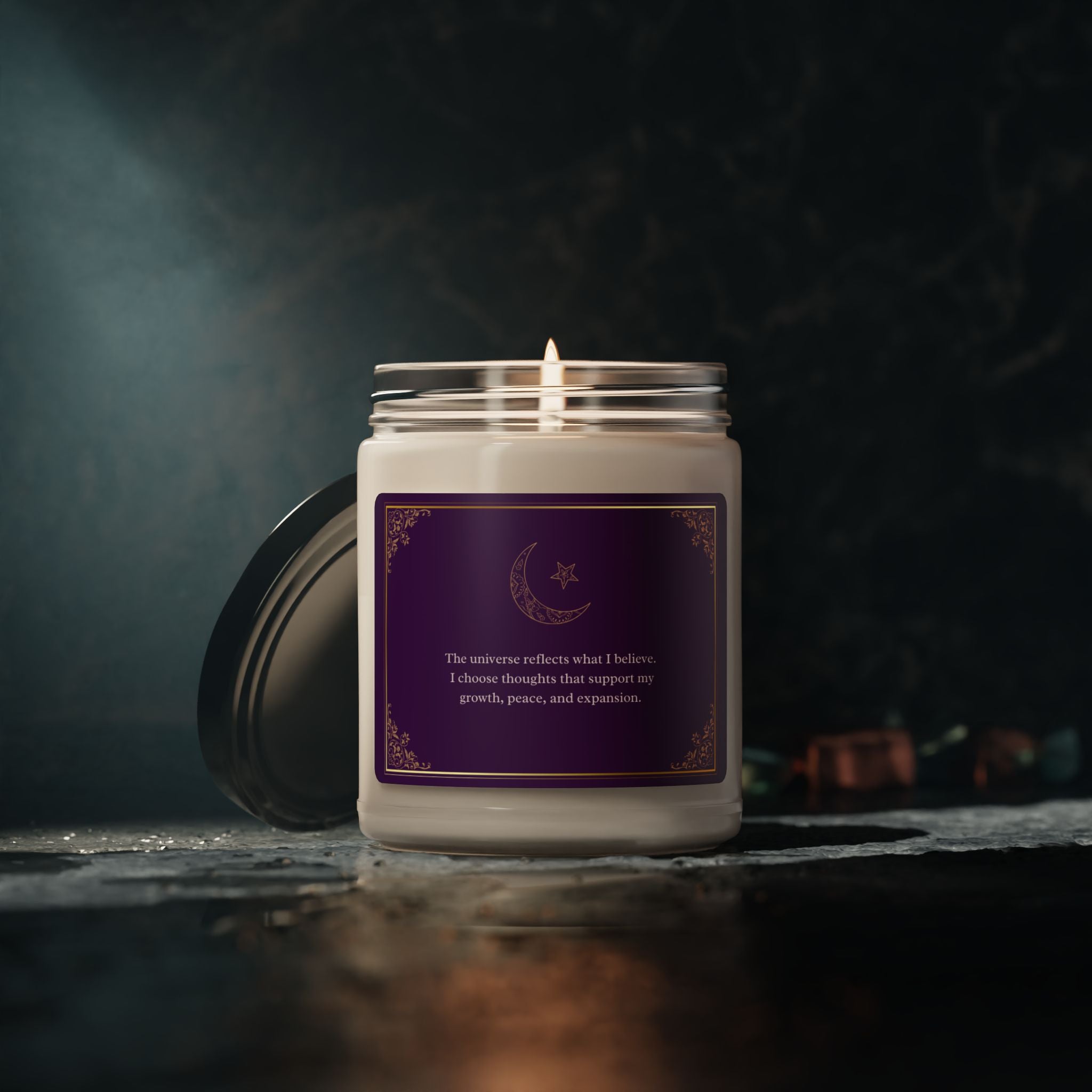 Candle with a purple label on a dark background