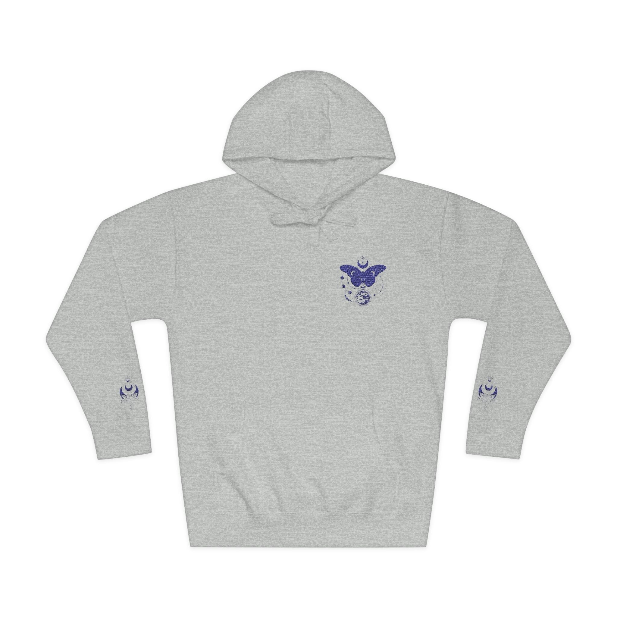 Ethereal Blue Butterfly Hoodie | Chest & Sleeve Minimalist Graphic Printify