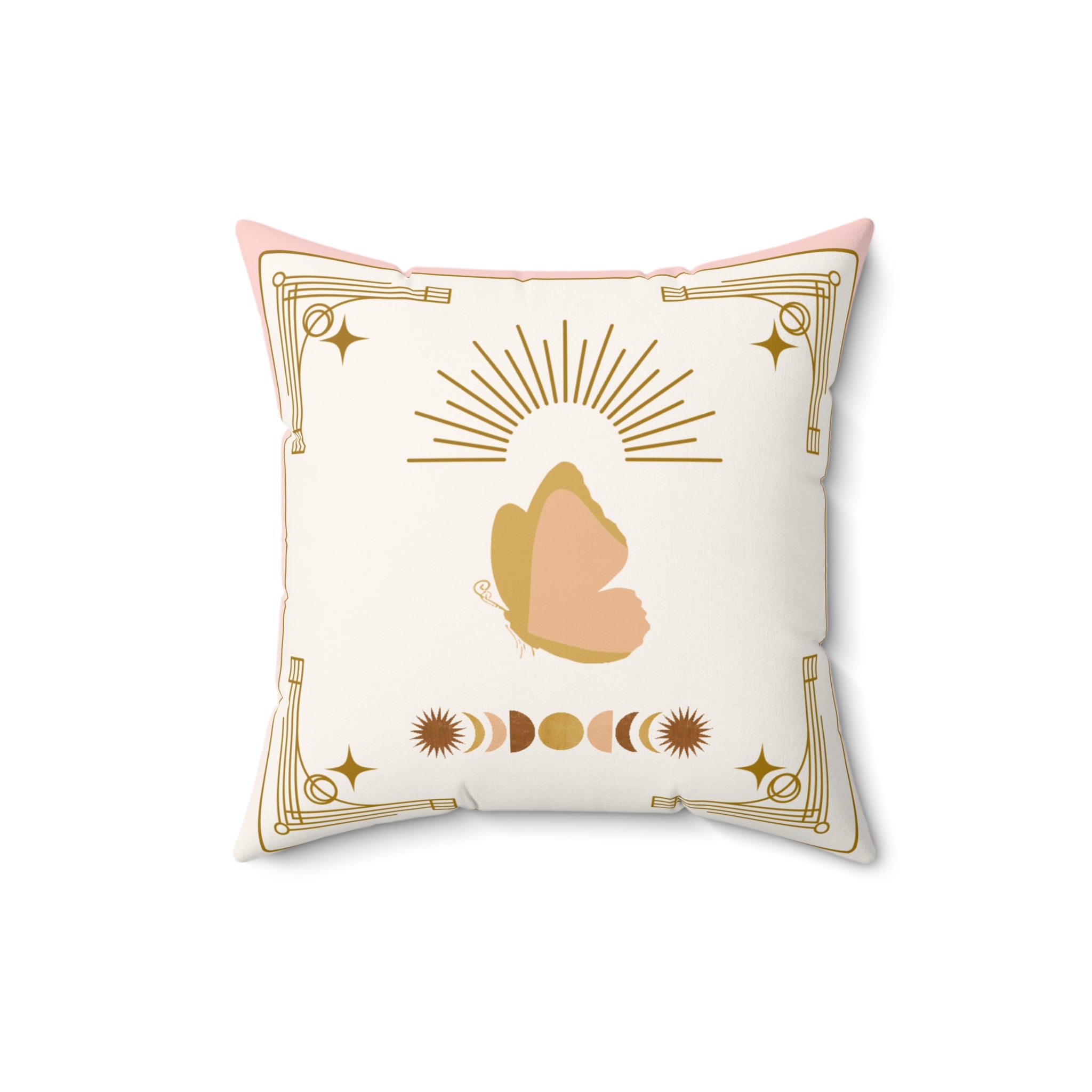 Decorative pillow with a gold and pink design on a white background