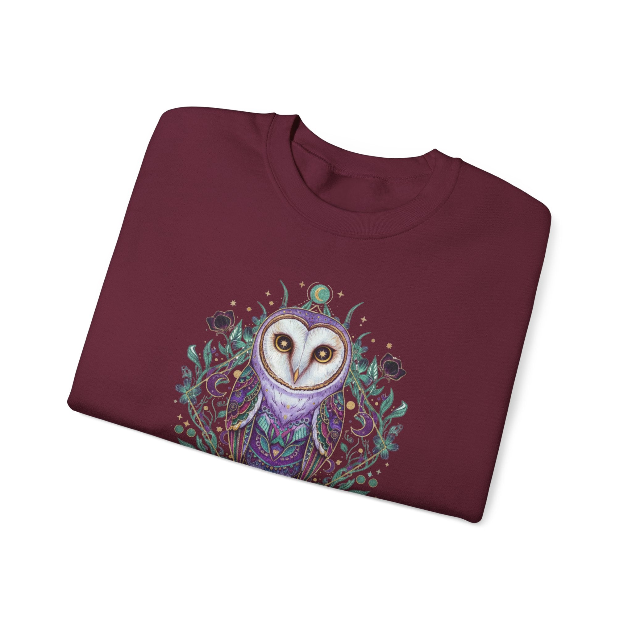 Mystic Barn Owl Crewneck Sweatshirt | Botanical Celestial Art Pullover Printify