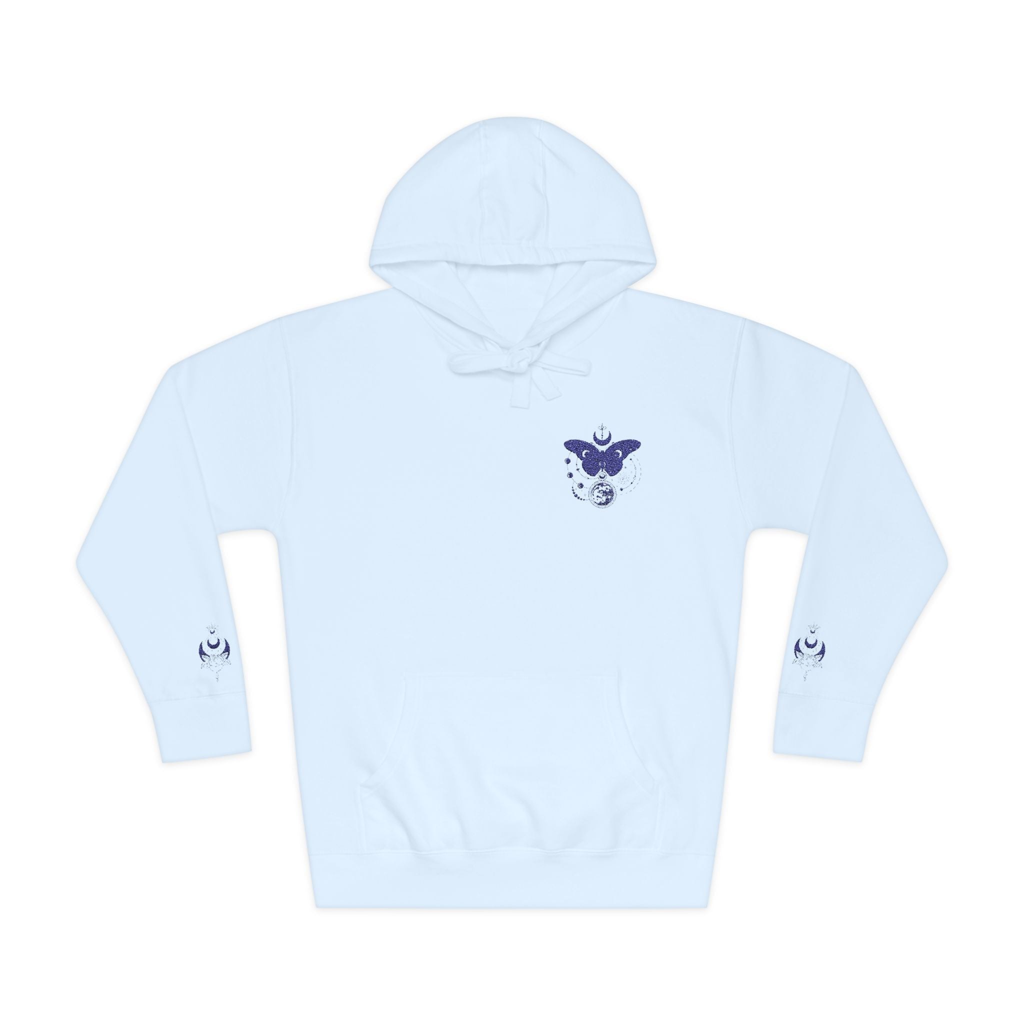 Ethereal Blue Butterfly Hoodie | Chest & Sleeve Minimalist Graphic Printify