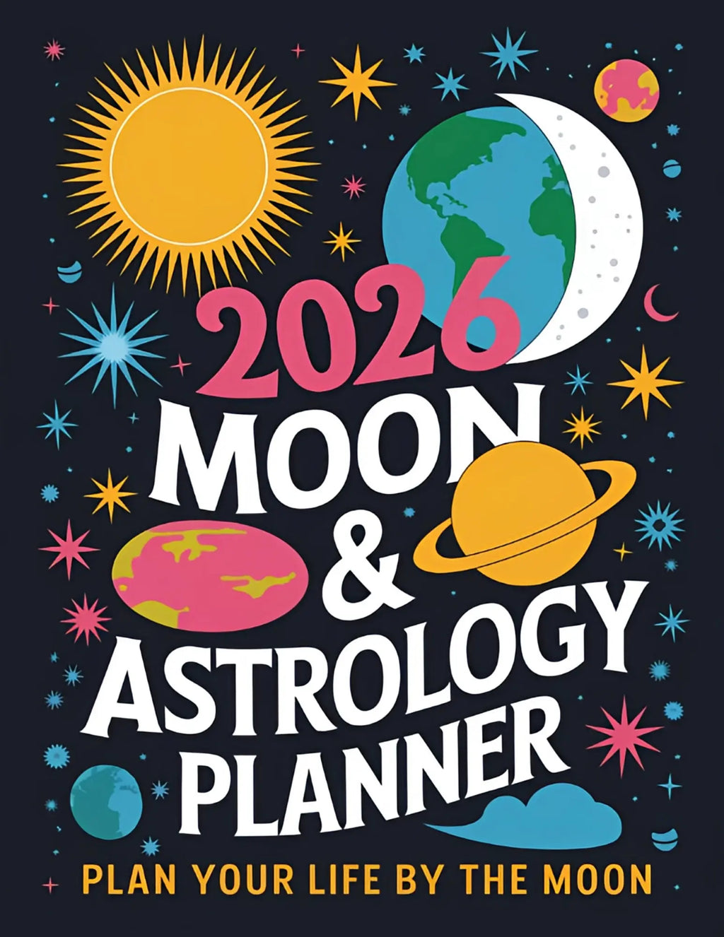 2026 Moon & Astrology Planner cover with celestial designs on a dark background