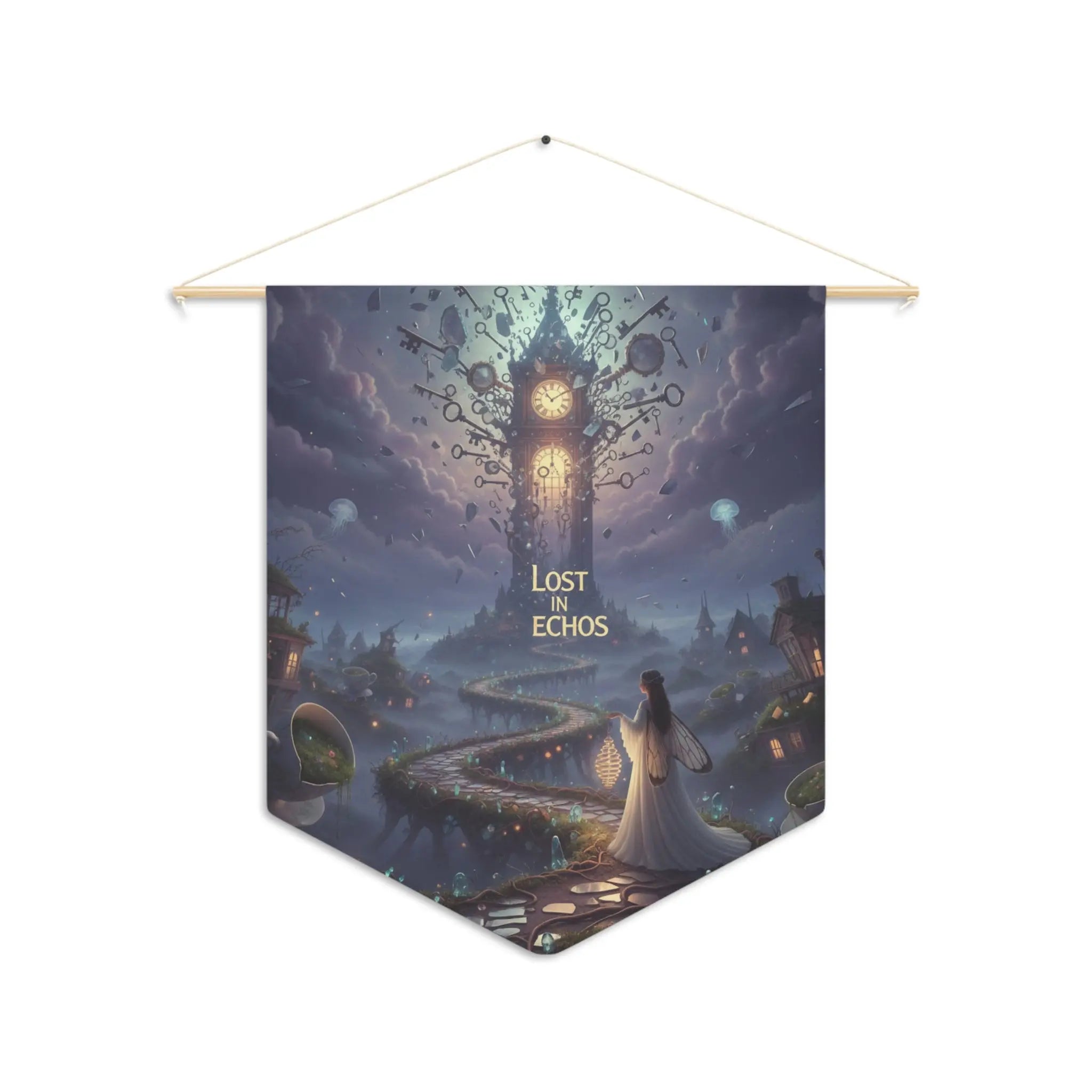 Framed artwork with a clock tower and a couple walking, titled 'Lost in Echos'.