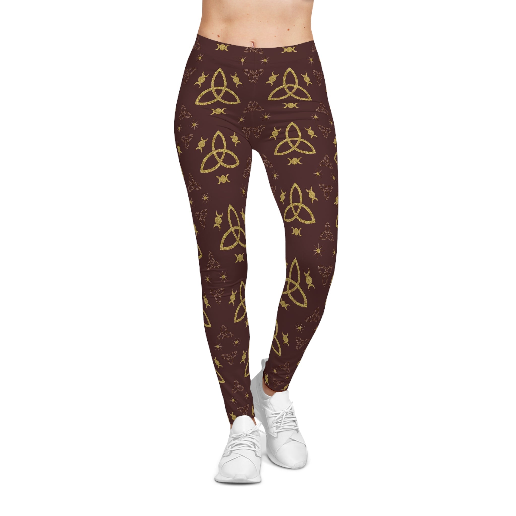 Celtic Trinity Leggings | Women's Brown & Gold All-Over Print Printify