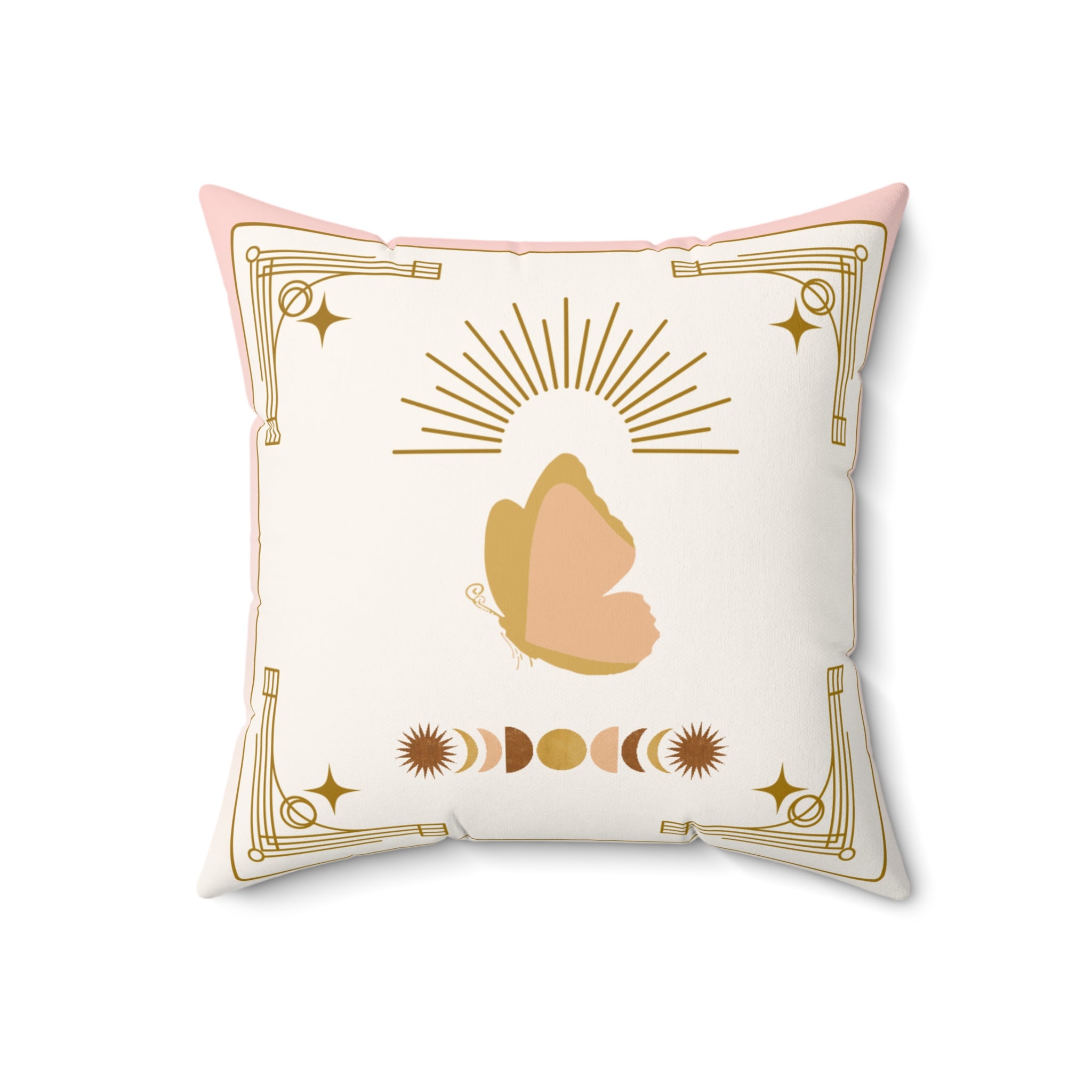Decorative pillow with a butterfly design and celestial elements on a white background