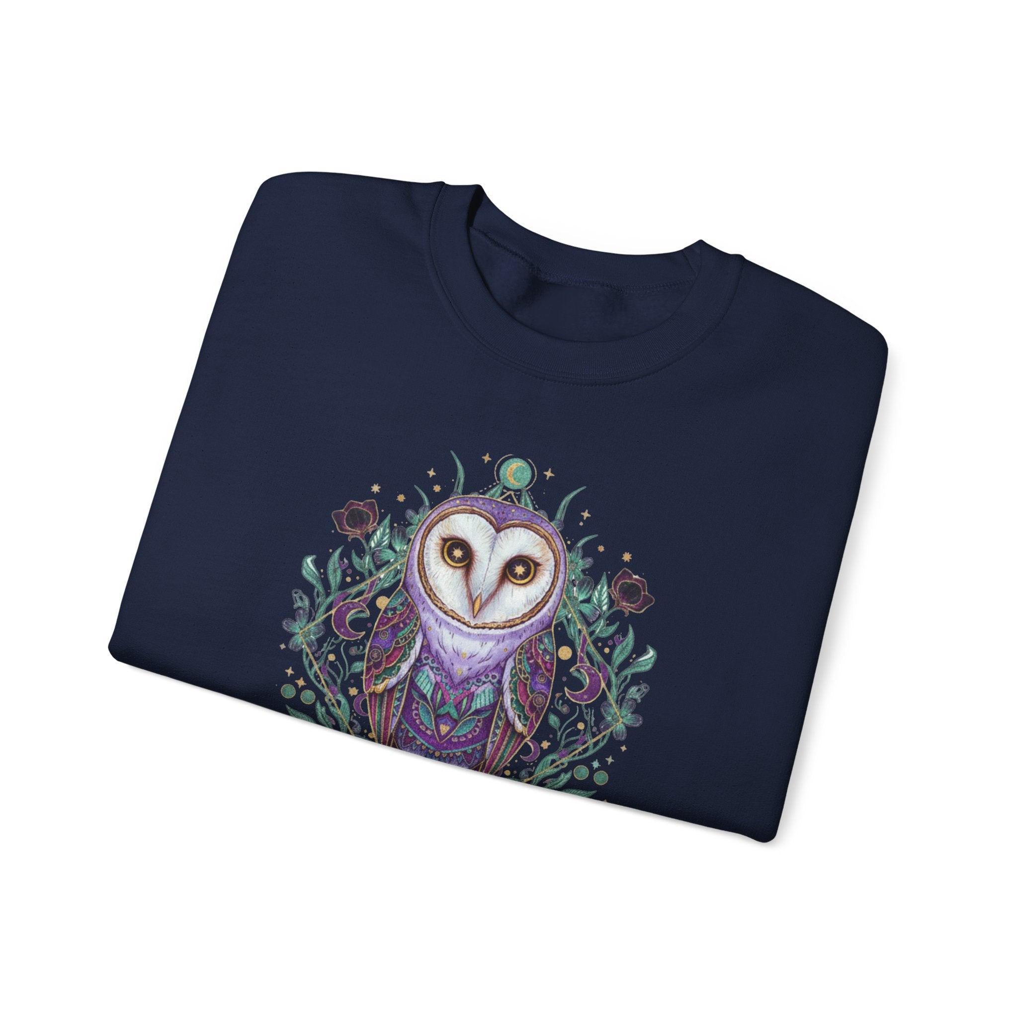 Mystic Barn Owl Crewneck Sweatshirt | Botanical Celestial Art Pullover Printify