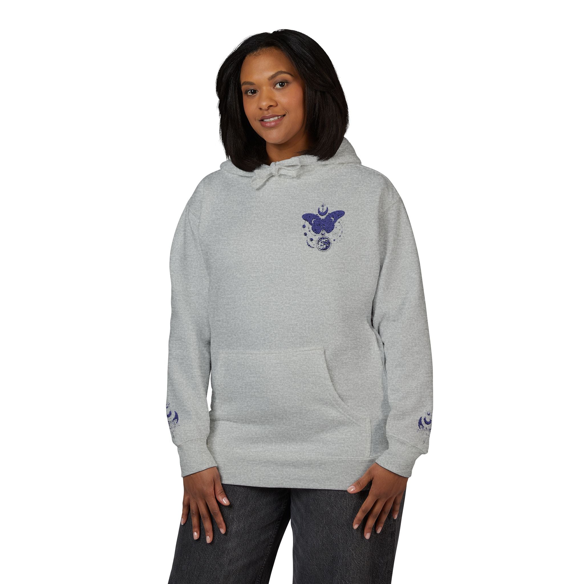 Ethereal Blue Butterfly Hoodie | Chest & Sleeve Minimalist Graphic Printify