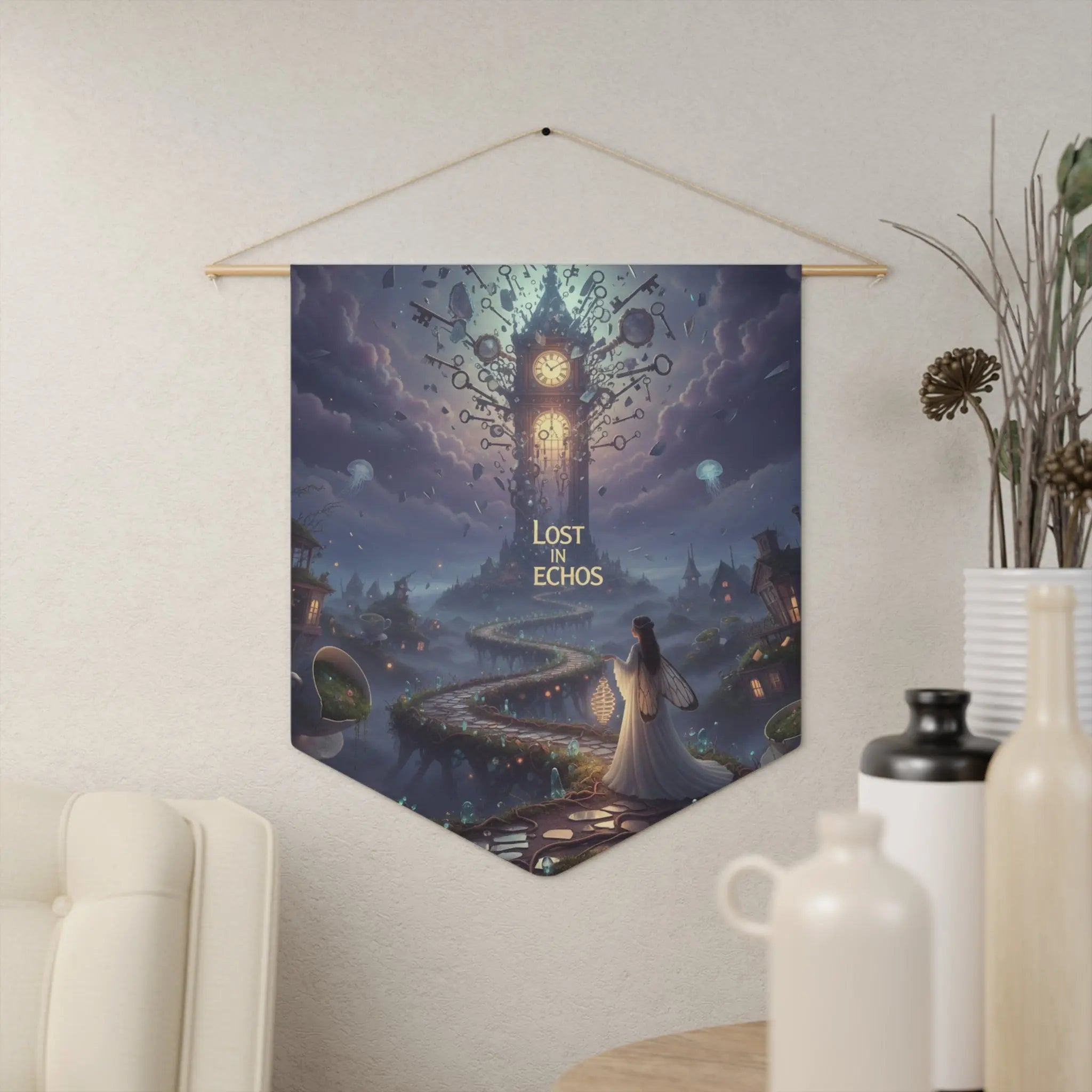 Fantasy Wall Pennant | “Lost in Echoes” Tower Nightscape Tapestry Printify
