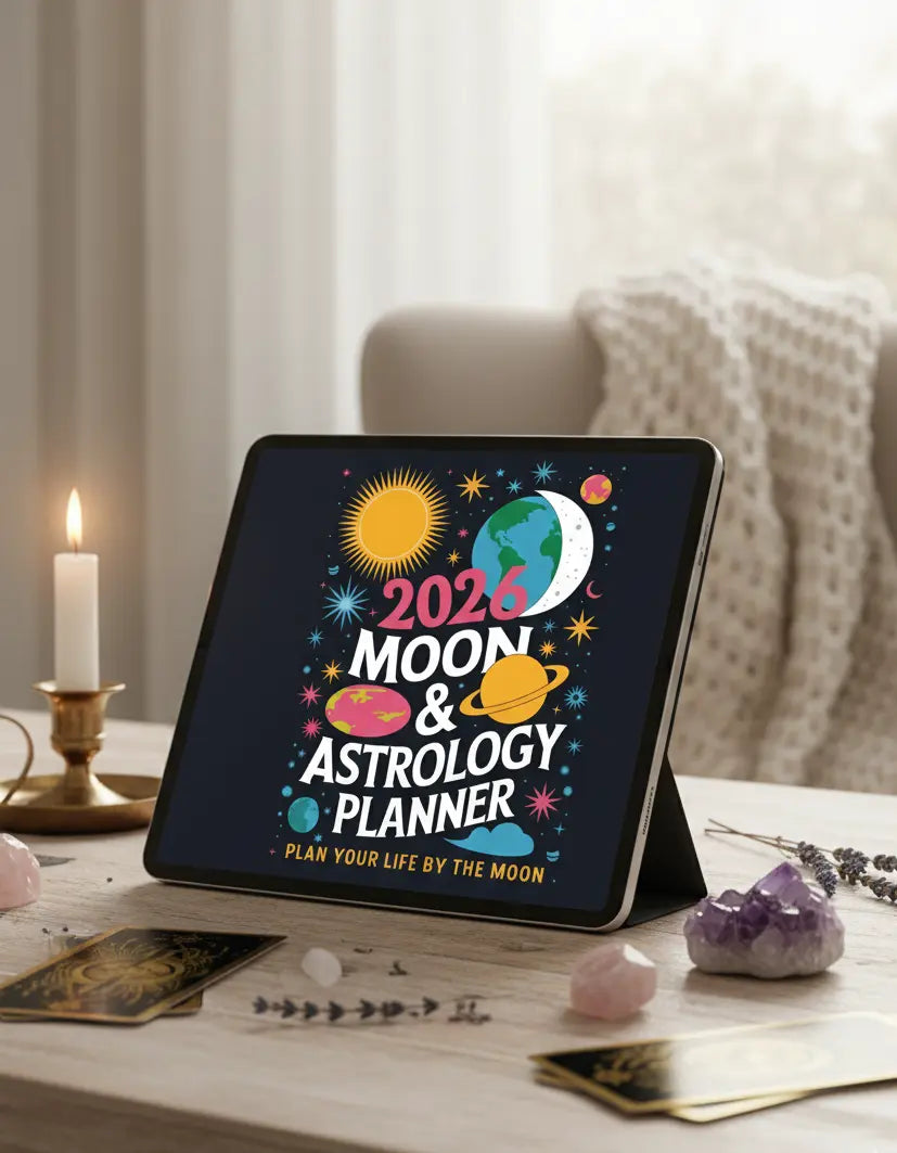 Tablet displaying a 2026 Moon & Astrology Planner on a wooden surface with crystals and a candle.