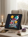Tablet displaying a 2026 Moon & Astrology Planner on a wooden surface with crystals and a candle.