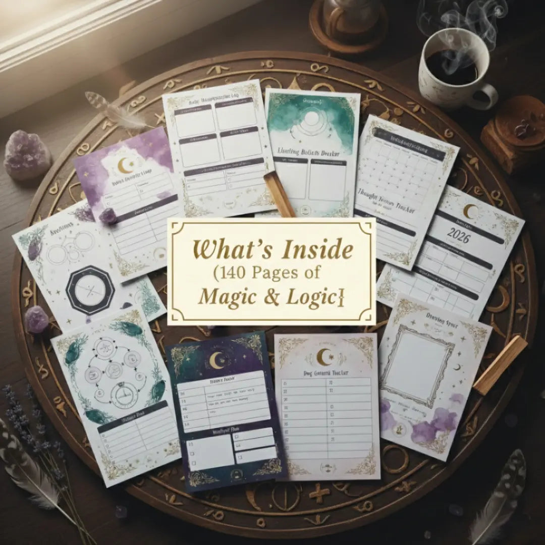 Collection of planner sheets on a decorative table with mystical elements.