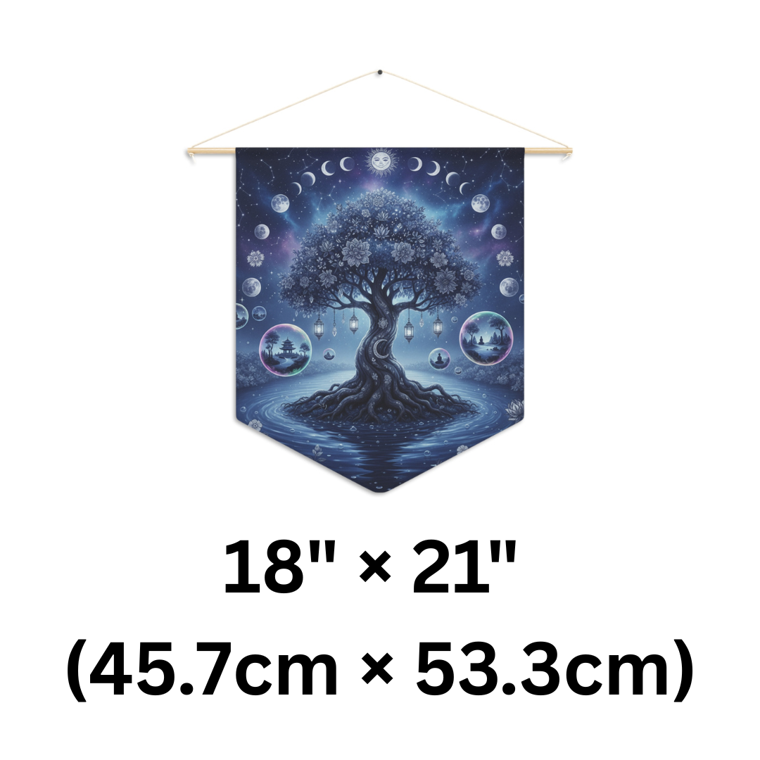 Decorative banner with tree of life design and moon phases, size 18" x 21".