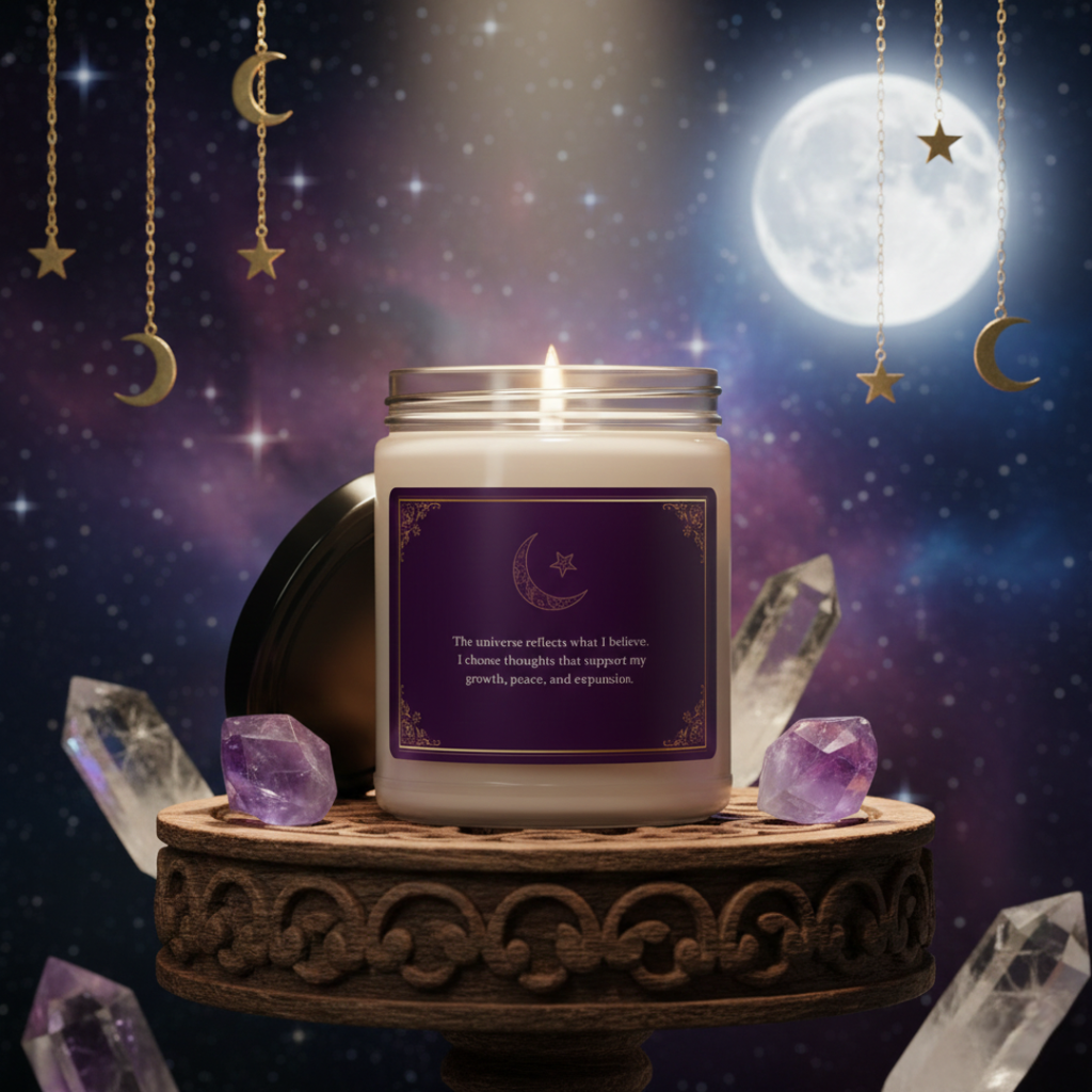 Candle with a purple label on a wooden stand against a mystical background with crystals and celestial elements.