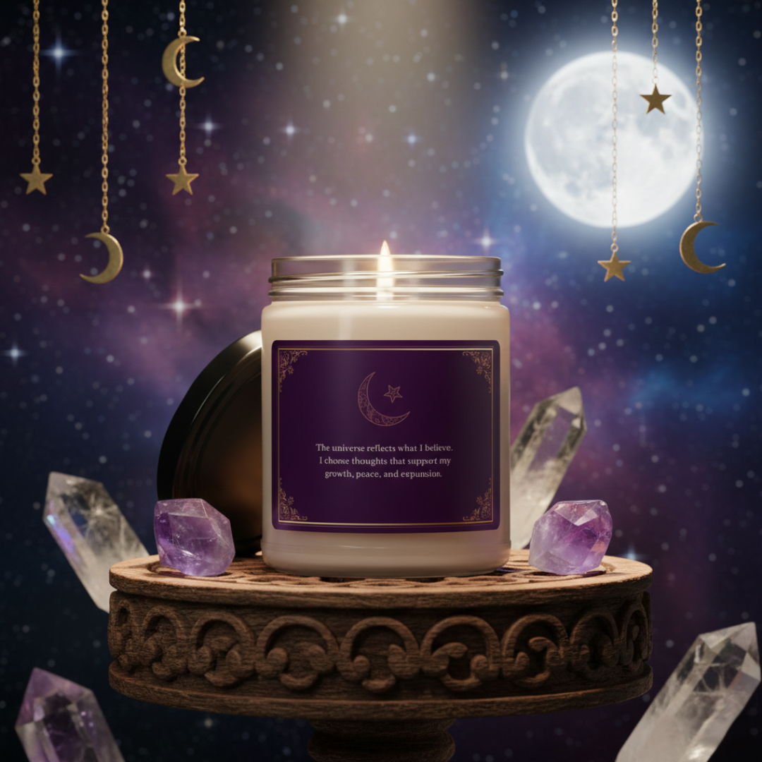 Candle with a purple label on a wooden stand against a mystical background with crystals and celestial elements.