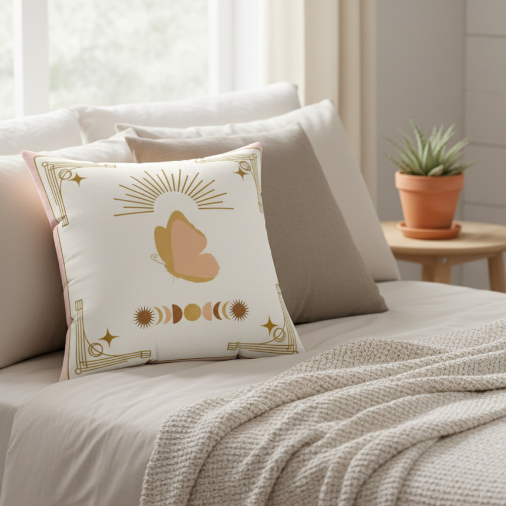 Boho Butterfly Moon Phase Throw Pillow | Sunburst Accent Cushion Printify