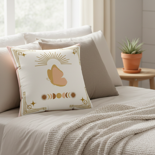 Boho Butterfly Moon Phase Throw Pillow | Sunburst Accent Cushion Printify