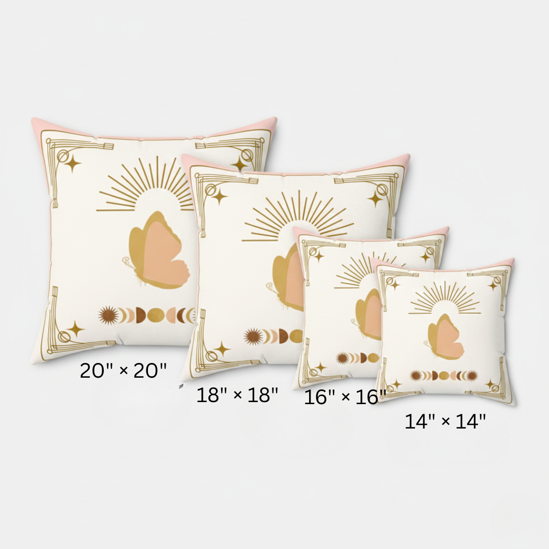Set of decorative pillows with artistic designs and measurements on a white background
