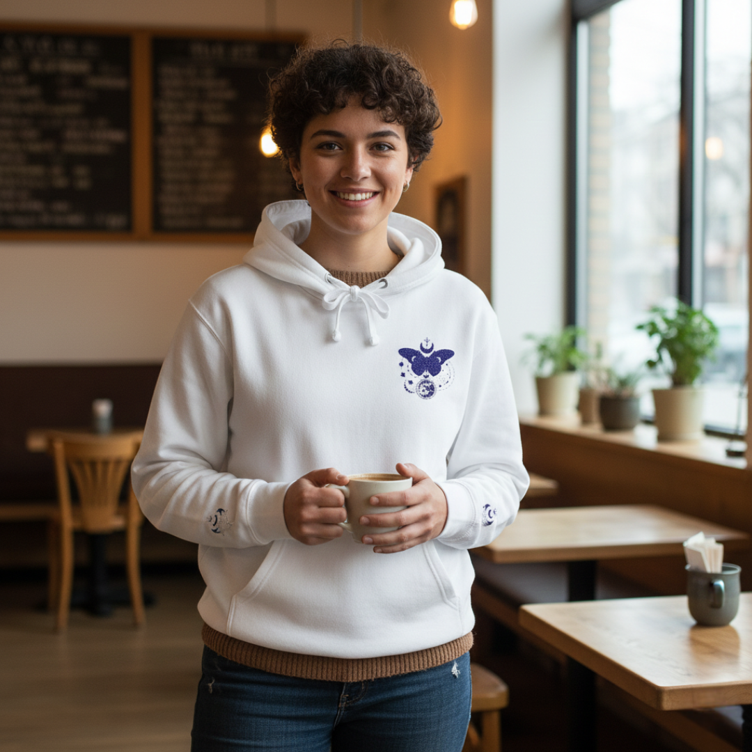 Person wearing a white hoodie with a logo, holding a cup in a cafe.