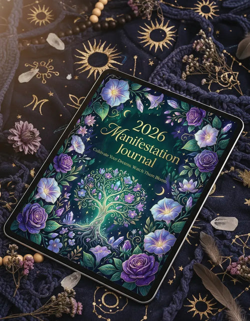 2026 Manifestation Journal with floral design on a dark background with celestial elements.