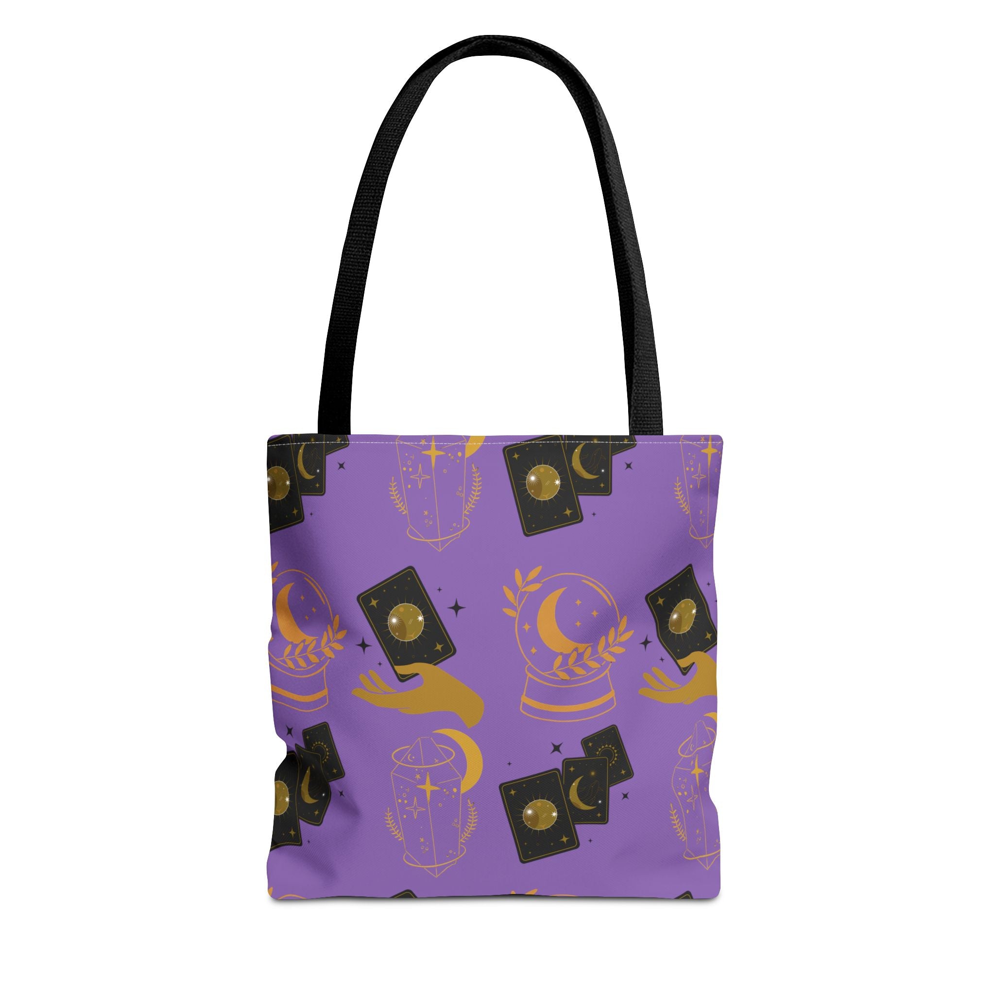 Purple tote bag with gold and black designs on a white background