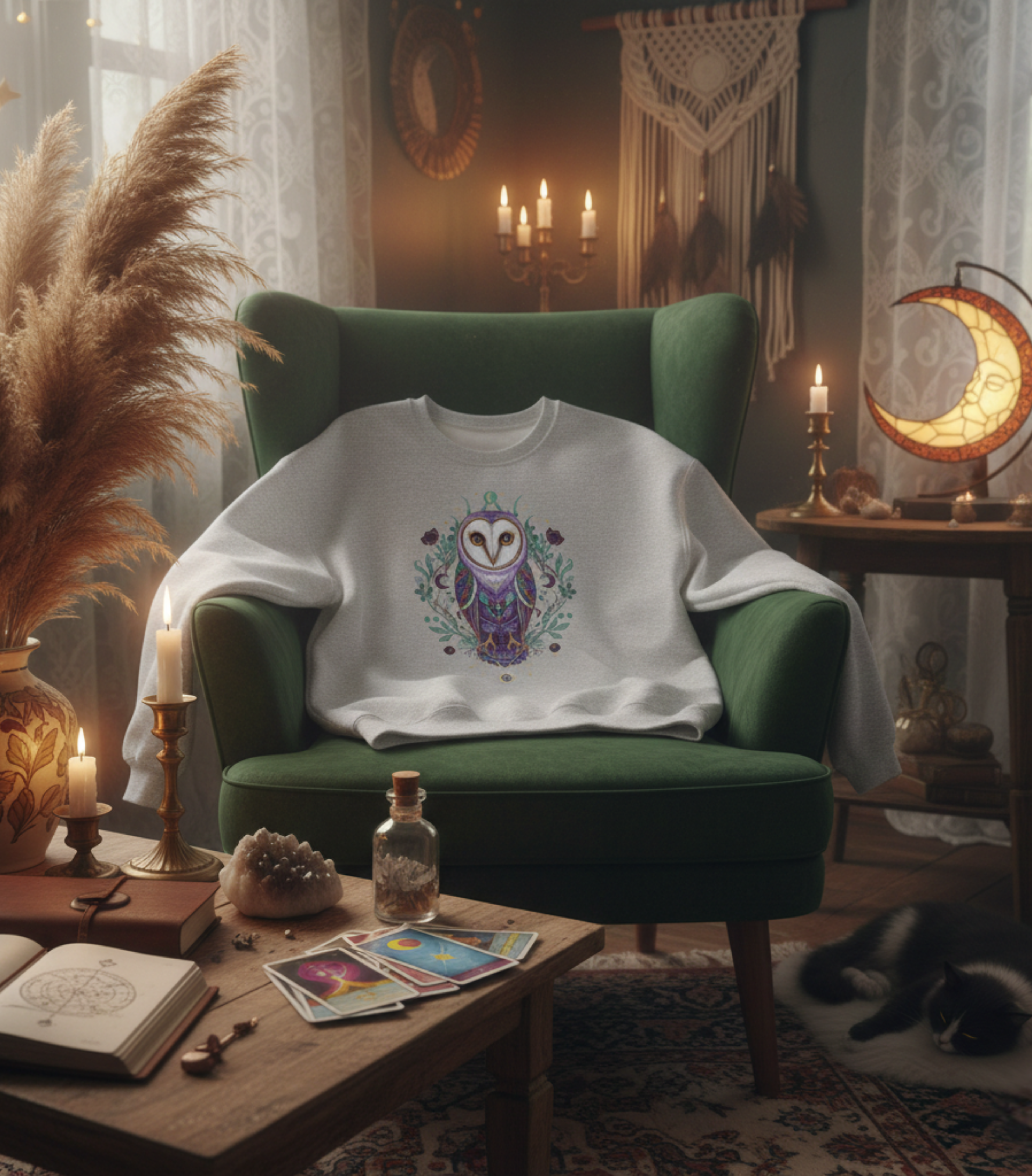 Mystic Barn Owl Crewneck Sweatshirt | Botanical Celestial Art Pullover Printify