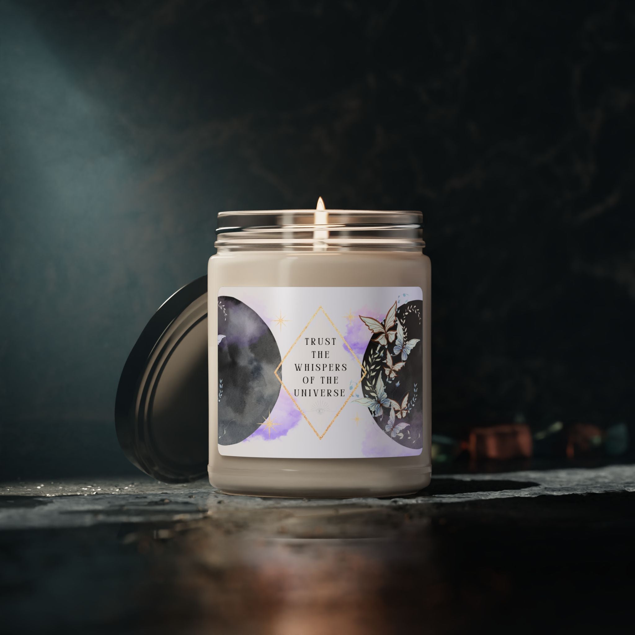 Candle in a jar with a label on a dark background
