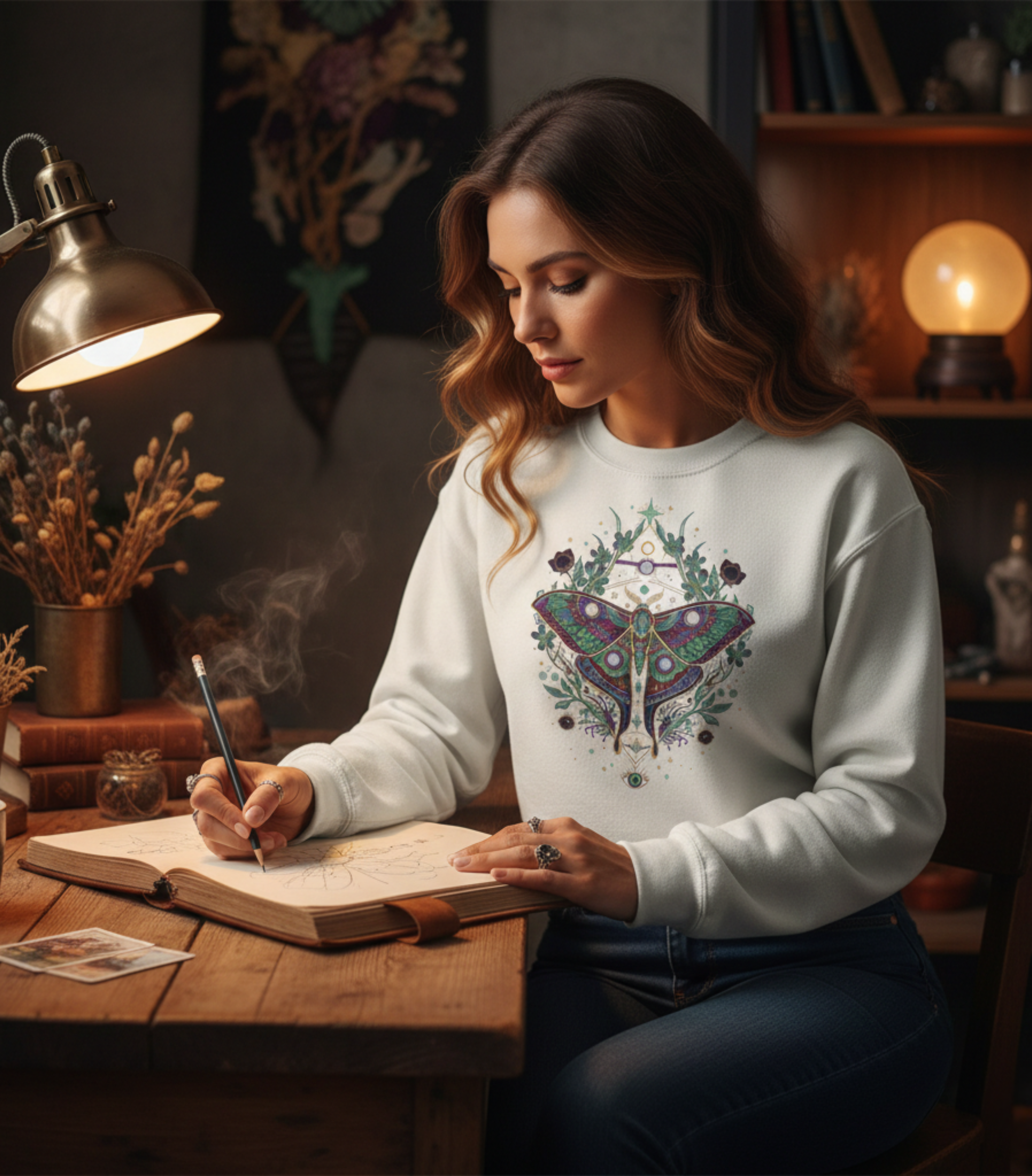 Mystic Luna Moth Boho Crewneck Sweatshirt | Botanical Celestial Art Pullover Printify