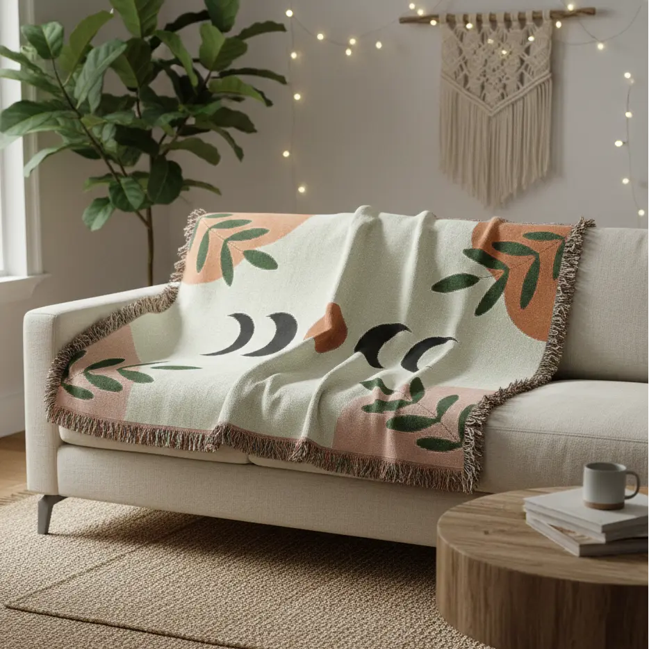 Sofa with a decorative blanket featuring leaf patterns in a cozy living room.