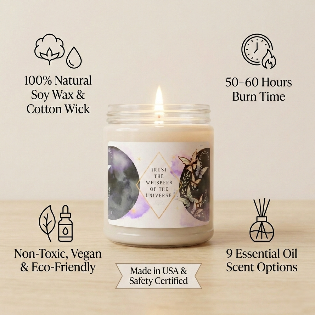 Candle with features listed on a beige background