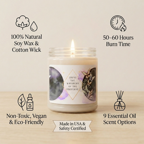 Candle with features listed on a beige background