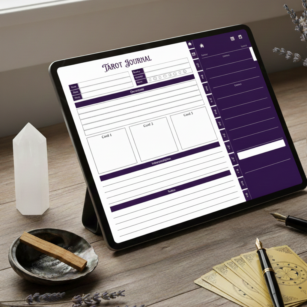 Tablet displaying a tarot journal app on a wooden surface with tarot cards and a crystal.