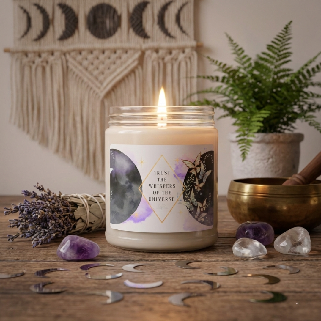 Candle with a label on a wooden surface with decorative items